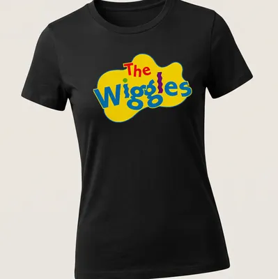 Colorful T-shirt featuring The Wiggles characters in playful style — printed on a women's shirt
