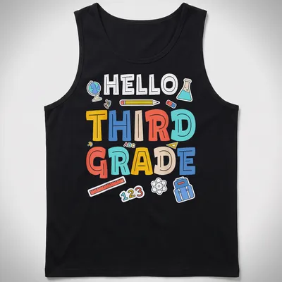 Colorful cartoon t-shirt with 'HELLO THIRD GRADE' and school supplies illustrations. — printed on a tank top