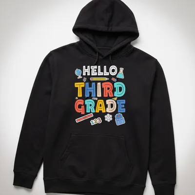 Colorful cartoon t-shirt with 'HELLO THIRD GRADE' and school supplies illustrations. — printed on a unisex hoodie
