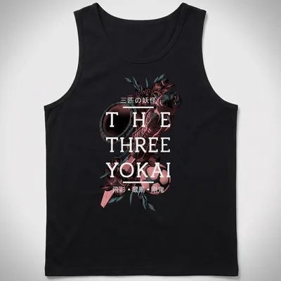 Detailed fantasy art of three yokai with red, white, green, and black colors. — printed on a tank top