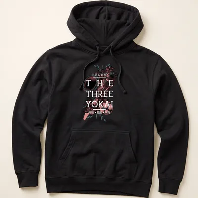 Detailed fantasy art of three yokai with red, white, green, and black colors. — printed on a unisex hoodie