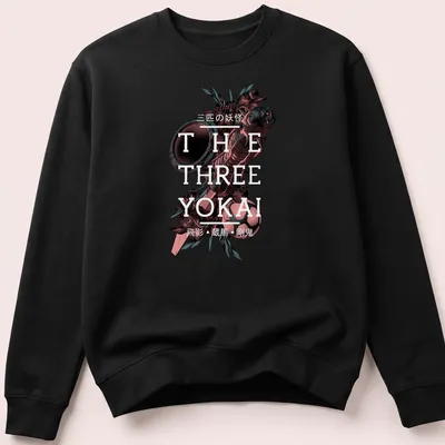 Detailed fantasy art of three yokai with red, white, green, and black colors. — printed on a unisex sweatshirt