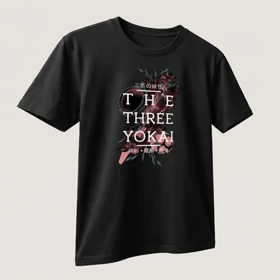 Detailed fantasy art of three yokai with red, white, green, and black colors. — printed on a unisex t-shirt (angled view)
