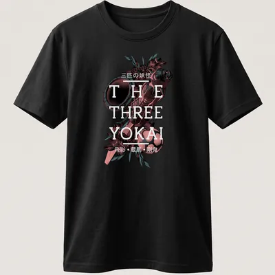 Detailed fantasy art of three yokai with red, white, green, and black colors. — printed on a unisex t-shirt