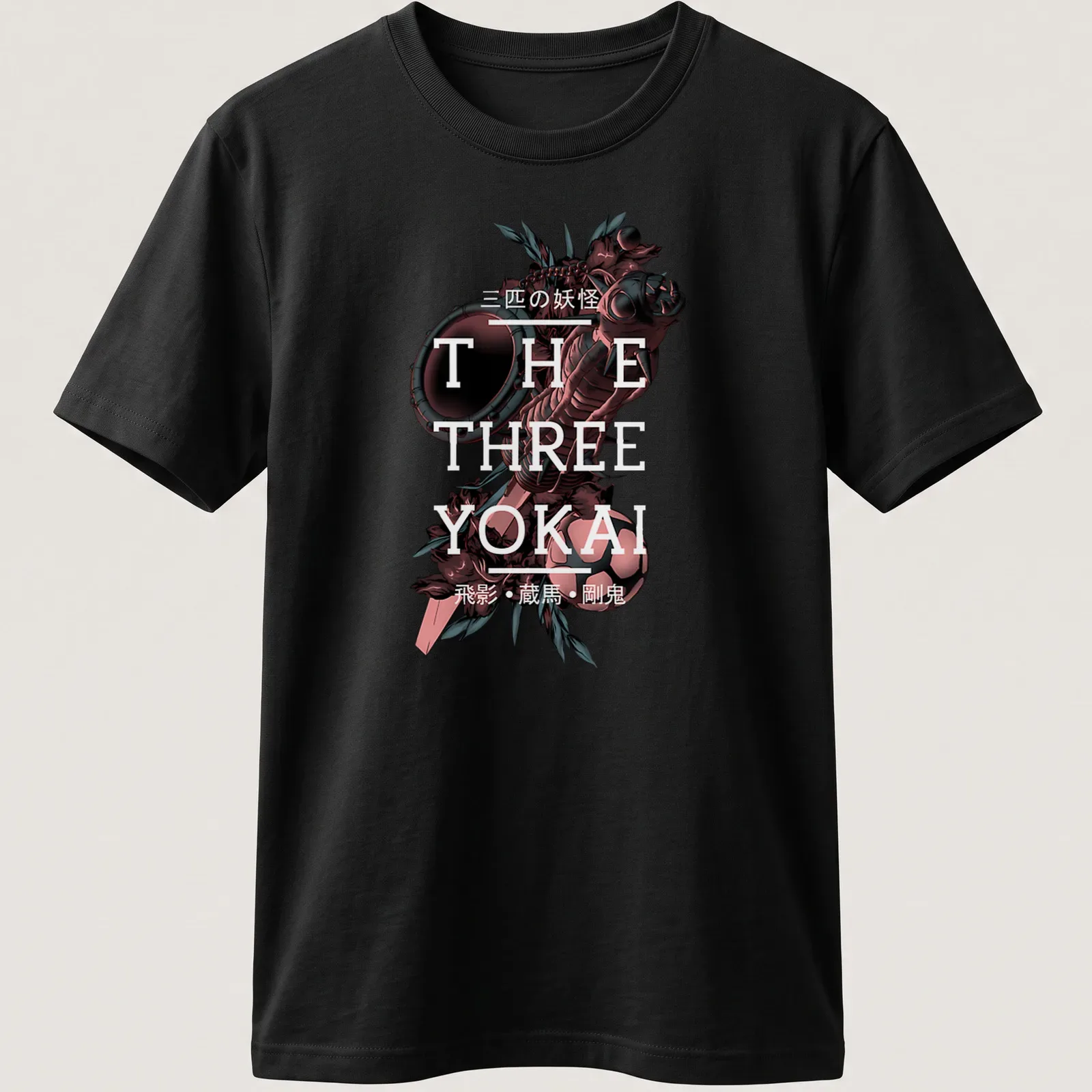 Detailed fantasy art of three yokai with red, white, green, and black colors. — printed on a unisex t-shirt