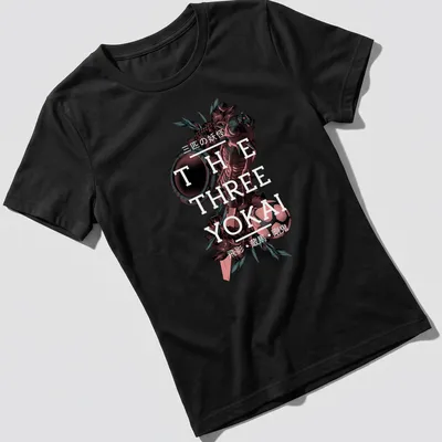 Detailed fantasy art of three yokai with red, white, green, and black colors. — printed on a women's shirt