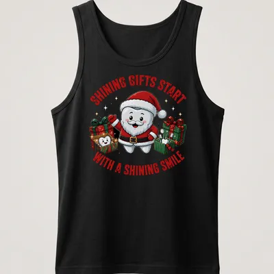 Kawaii cartoon Tooth Fairy Santa with gifts and text about shining smiles in festive colors — printed on a tank top