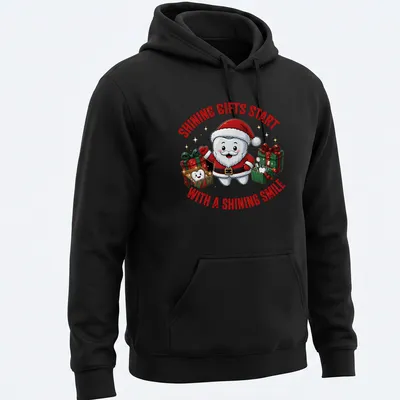 Kawaii cartoon Tooth Fairy Santa with gifts and text about shining smiles in festive colors — printed on a unisex hoodie