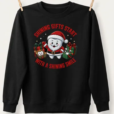 Kawaii cartoon Tooth Fairy Santa with gifts and text about shining smiles in festive colors — printed on a unisex sweatshirt