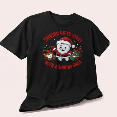Kawaii cartoon Tooth Fairy Santa with gifts and text about shining smiles in festive colors — printed on a unisex t-shirt (angled view)