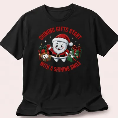 Kawaii cartoon Tooth Fairy Santa with gifts and text about shining smiles in festive colors
