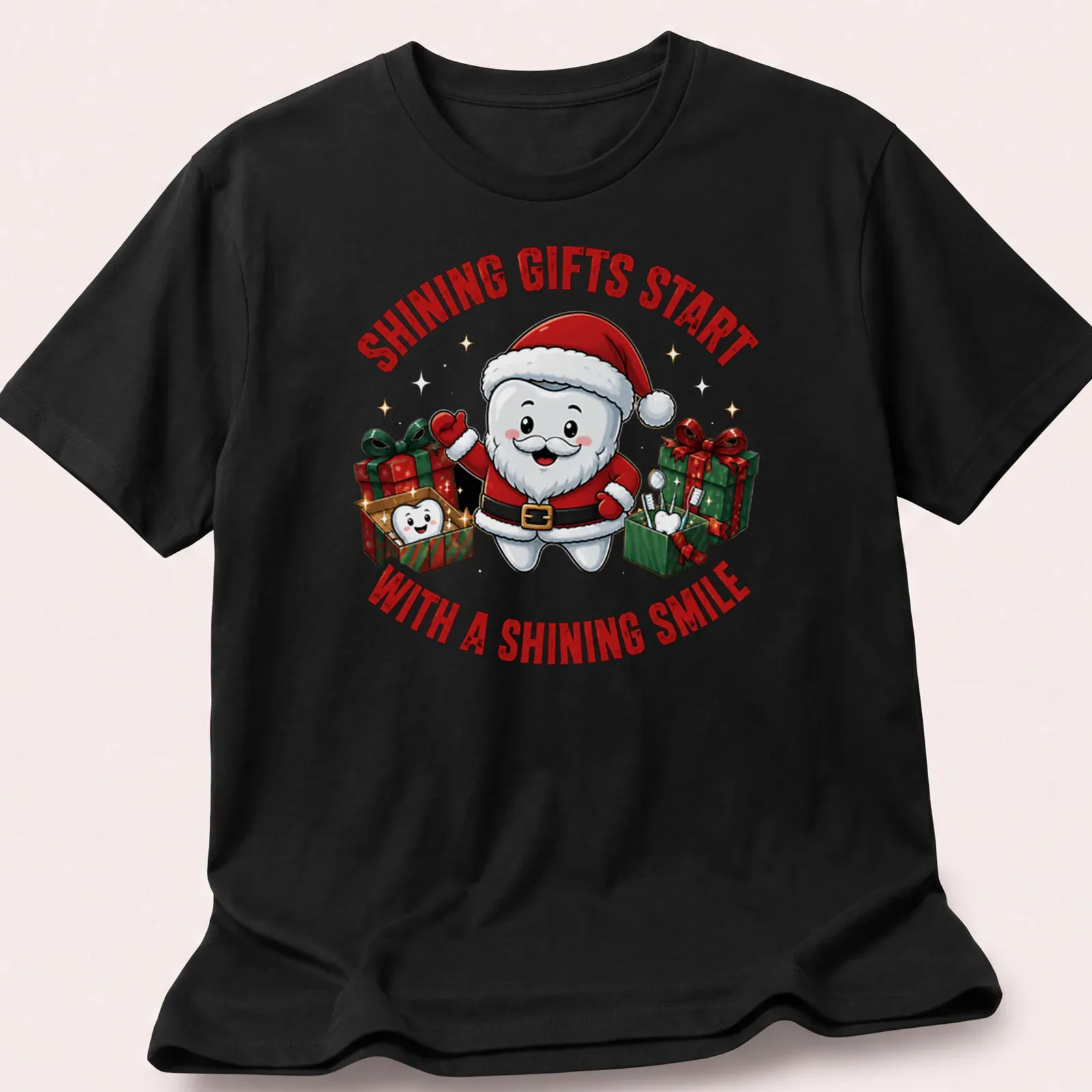 Kawaii cartoon Tooth Fairy Santa with gifts and text about shining smiles in festive colors — printed on a unisex t-shirt