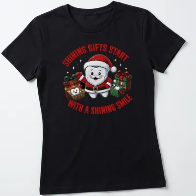 Kawaii cartoon Tooth Fairy Santa with gifts and text about shining smiles in festive colors — printed on a women's shirt