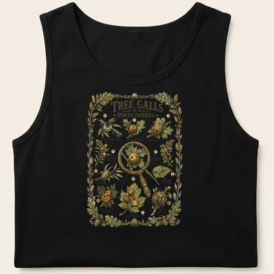 Botanical illustration of various tree galls with detailed labels in green and gold. — printed on a tank top