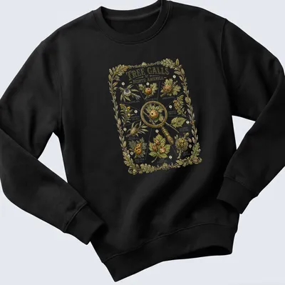 Botanical illustration of various tree galls with detailed labels in green and gold. — printed on a unisex sweatshirt