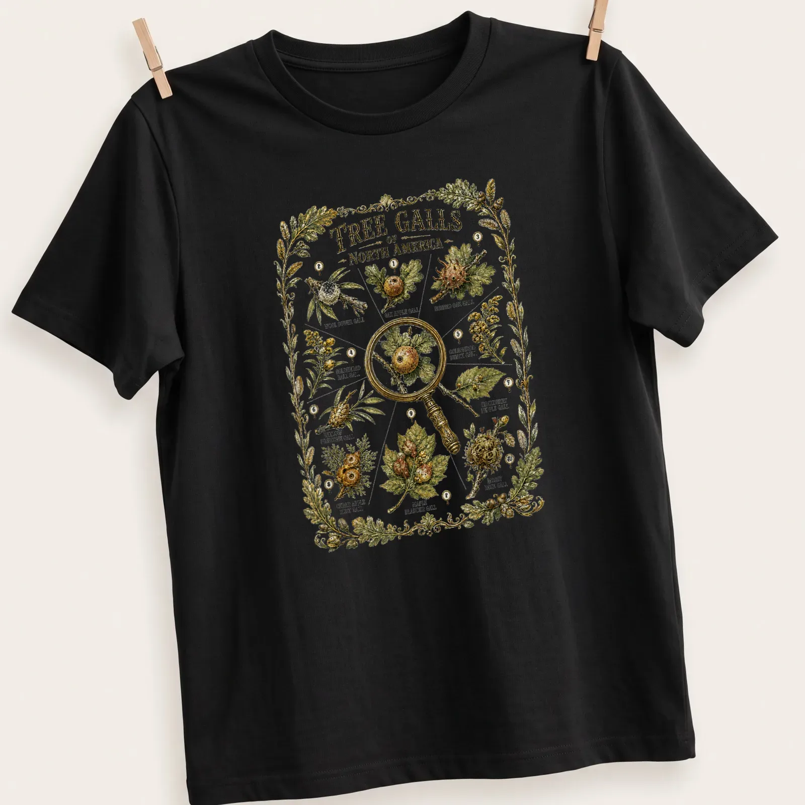Botanical illustration of various tree galls with detailed labels in green and gold. — printed on a unisex t-shirt