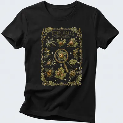 Botanical illustration of various tree galls with detailed labels in green and gold. — printed on a women's shirt