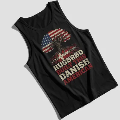 Vintage distressed T-shirt featuring a tree and the text Rugbrød Built This Danish American — printed on a tank top