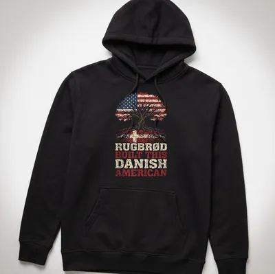 Vintage distressed T-shirt featuring a tree and the text Rugbrød Built This Danish American — printed on a unisex hoodie