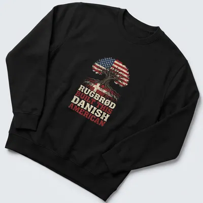 Vintage distressed T-shirt featuring a tree and the text Rugbrød Built This Danish American — printed on a unisex sweatshirt