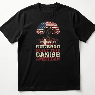 Vintage distressed T-shirt featuring a tree and the text Rugbrød Built This Danish American — printed on a unisex t-shirt