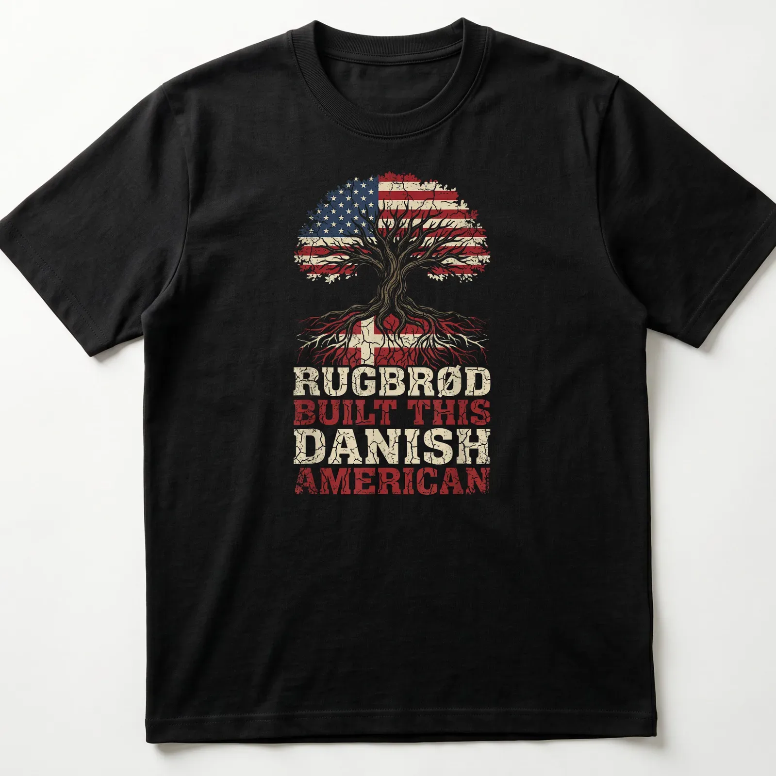 Vintage distressed T-shirt featuring a tree and the text Rugbrød Built This Danish American — printed on a unisex t-shirt