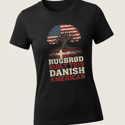 Vintage distressed T-shirt featuring a tree and the text Rugbrød Built This Danish American — printed on a women's shirt