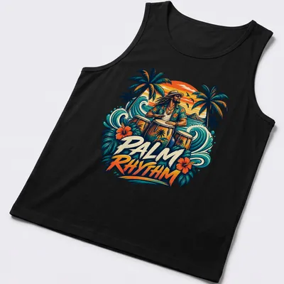 Vibrant Tropical Drummer t-shirt with colorful palm and musical elements — printed on a tank top