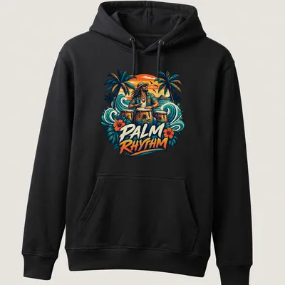 Vibrant Tropical Drummer t-shirt with colorful palm and musical elements — printed on a unisex hoodie