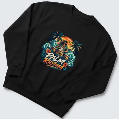 Vibrant Tropical Drummer t-shirt with colorful palm and musical elements — printed on a unisex sweatshirt