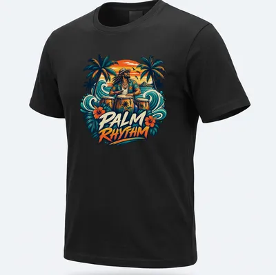 Vibrant Tropical Drummer t-shirt with colorful palm and musical elements