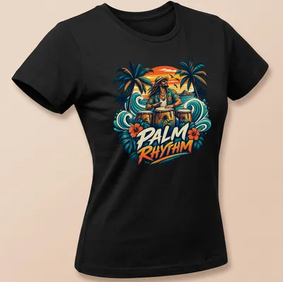 Vibrant Tropical Drummer t-shirt with colorful palm and musical elements — printed on a women's shirt