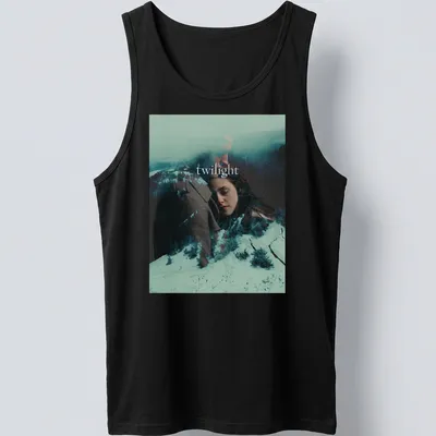 Twilight movie scene featuring romantic characters with dramatic overlay — printed on a tank top