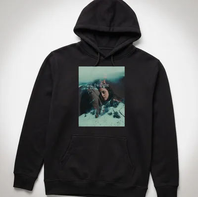 Twilight movie scene featuring romantic characters with dramatic overlay — printed on a unisex hoodie