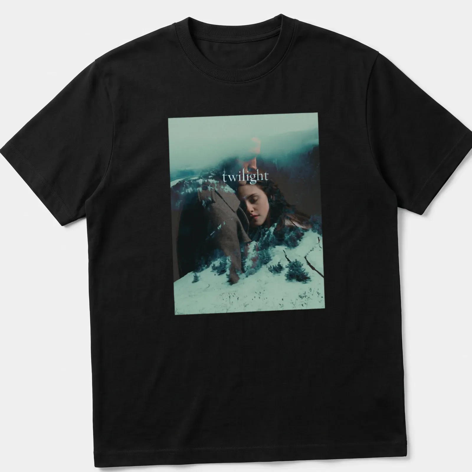 Twilight movie scene featuring romantic characters with dramatic overlay — printed on a unisex t-shirt