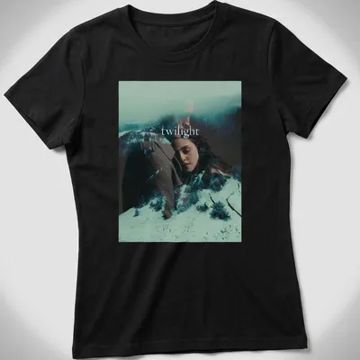Twilight movie scene featuring romantic characters with dramatic overlay — printed on a women's shirt