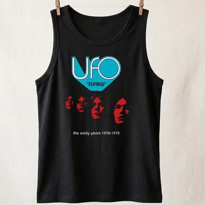 Retro UFO band T-shirt featuring bold lettering and a vintage design. — printed on a tank top