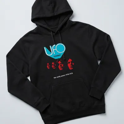 Retro UFO band T-shirt featuring bold lettering and a vintage design. — printed on a unisex hoodie