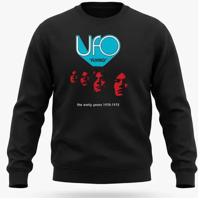 Retro UFO band T-shirt featuring bold lettering and a vintage design. — printed on a unisex sweatshirt