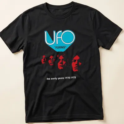 Retro UFO band T-shirt featuring bold lettering and a vintage design.