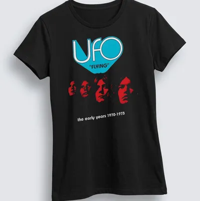 Retro UFO band T-shirt featuring bold lettering and a vintage design. — printed on a women's shirt