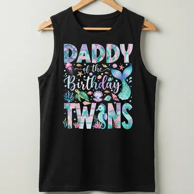 Illustration of a colorful mermaid with 'Daddy of the Birthday Twins' text above — printed on a tank top