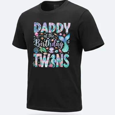 Illustration of a colorful mermaid with 'Daddy of the Birthday Twins' text above — printed on a unisex t-shirt