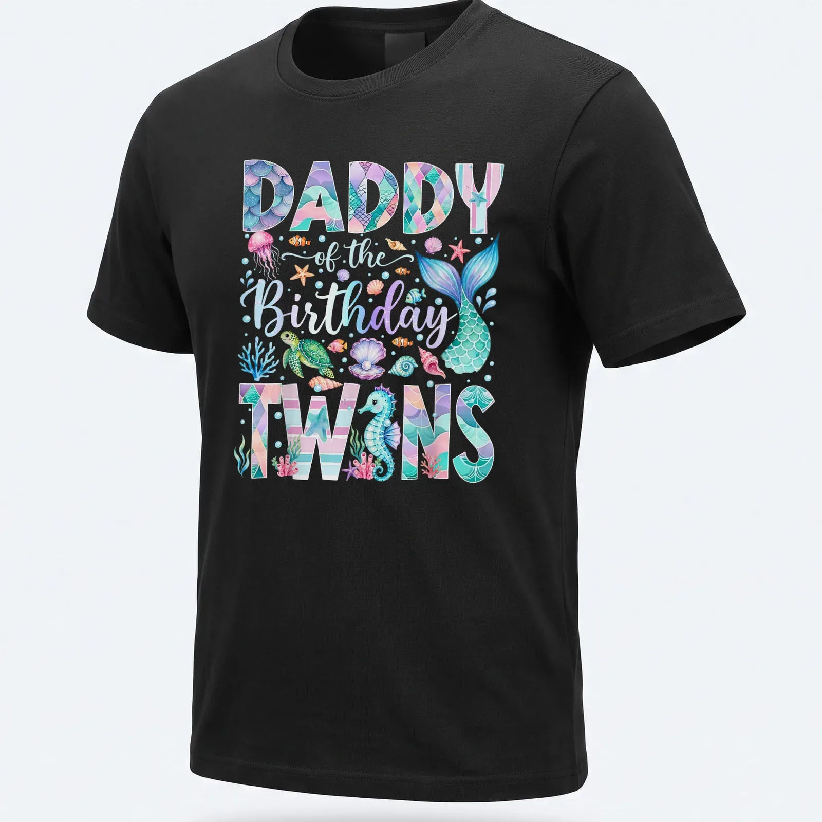 Illustration of a colorful mermaid with 'Daddy of the Birthday Twins' text above — printed on a unisex t-shirt