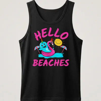 Cartoon unicorn narwhal and flamingo float with 'Hello Beaches' text in colorful kawaii style. — printed on a tank top