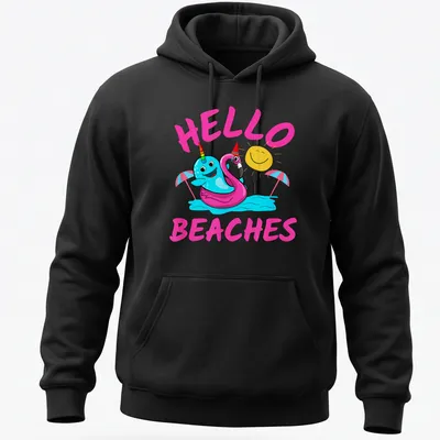 Cartoon unicorn narwhal and flamingo float with 'Hello Beaches' text in colorful kawaii style. — printed on a unisex hoodie
