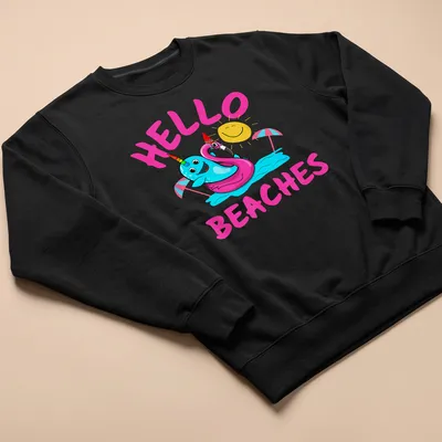 Cartoon unicorn narwhal and flamingo float with 'Hello Beaches' text in colorful kawaii style. — printed on a unisex sweatshirt
