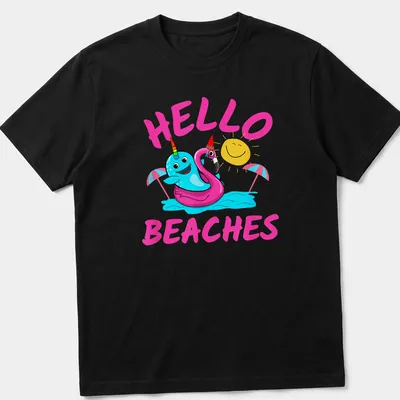 Cartoon unicorn narwhal and flamingo float with 'Hello Beaches' text in colorful kawaii style.