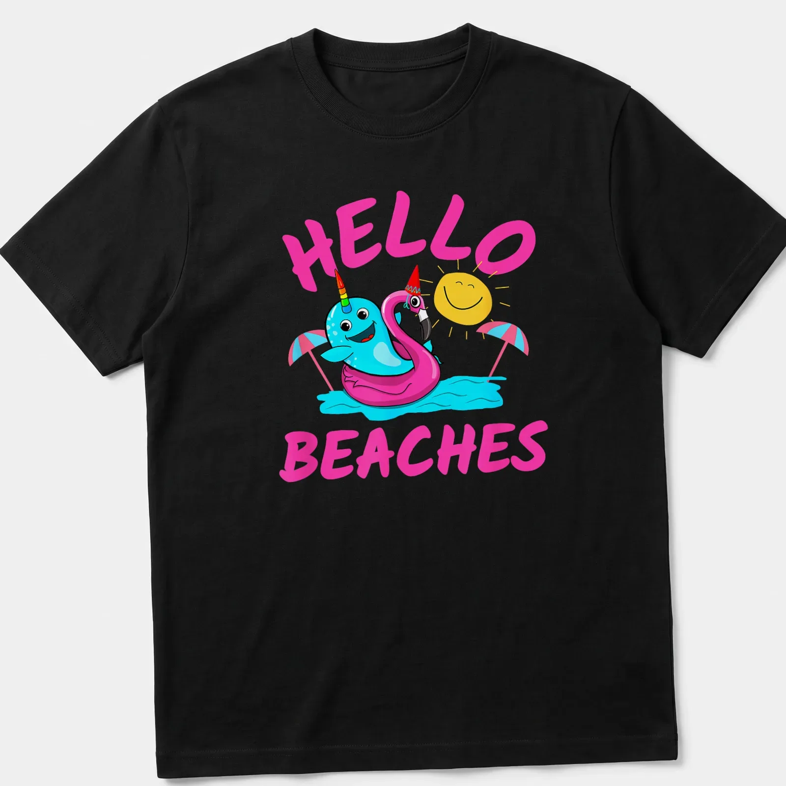 Cartoon unicorn narwhal and flamingo float with 'Hello Beaches' text in colorful kawaii style. — printed on a unisex t-shirt
