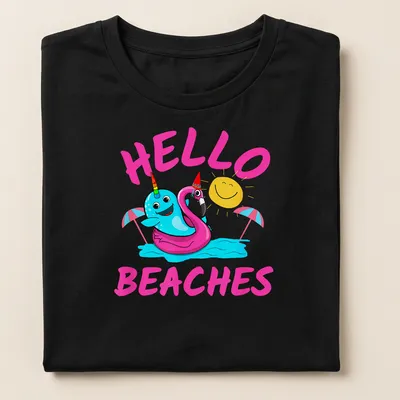 Cartoon unicorn narwhal and flamingo float with 'Hello Beaches' text in colorful kawaii style. — printed on a women's shirt